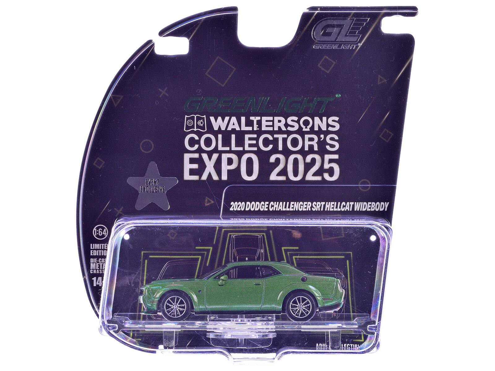 GREENLIGHT  
WALTERSONS COLLECTOR'S EXPO 2025  
EXCLUSIVE  
2020 DODGE CHALLENGER SRT HELLCAT WIDEBODY  
1:64  
LIMITED EDITION  
DIE-CAST METAL CHASSIS  
14