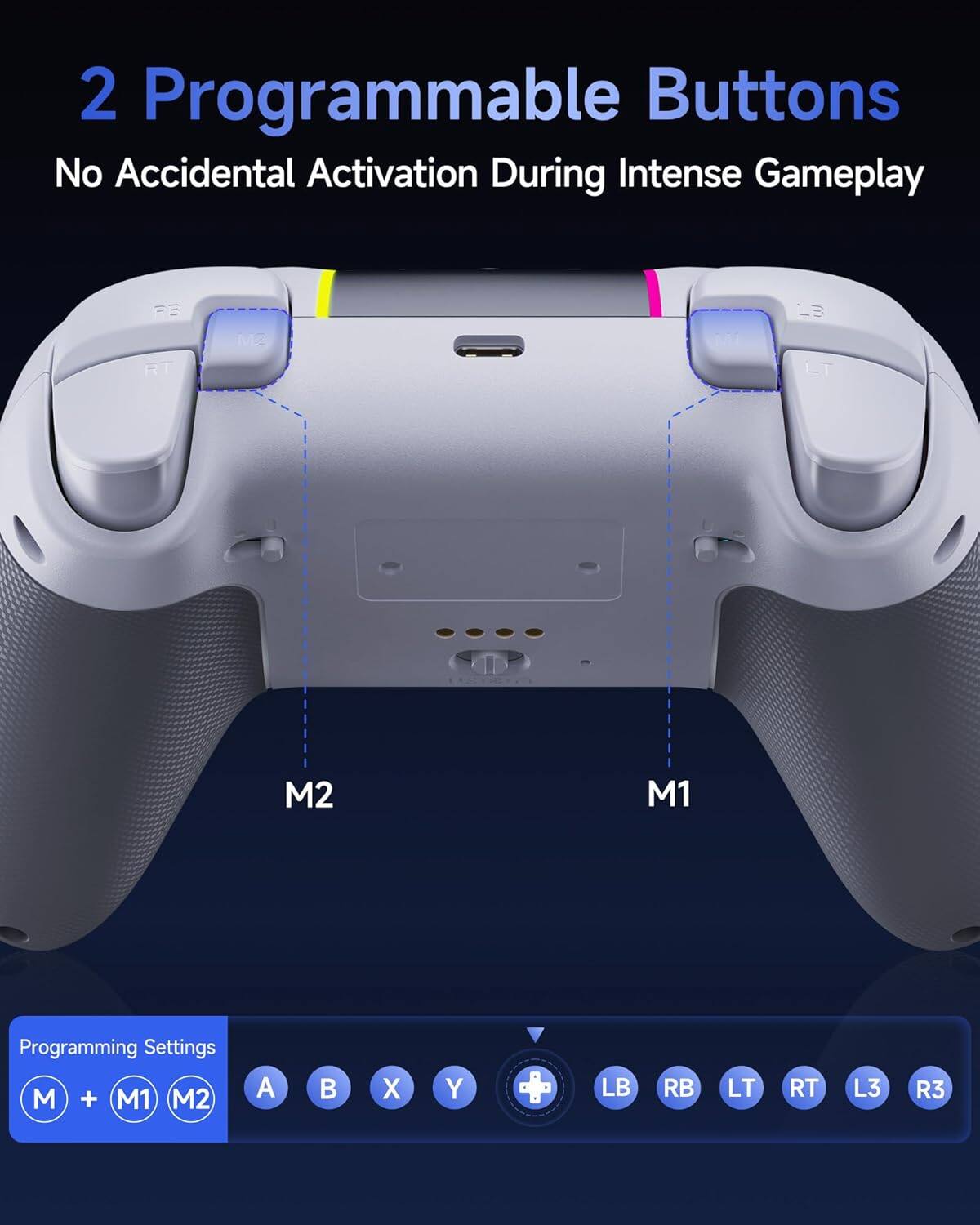 2 Programmable Buttons  
No Accidental Activation During Intense Gameplay  

LB - M2  
M1 Programming Settings  
M + M1 M2  

A X Y + LB RB LT RT L3 R3
