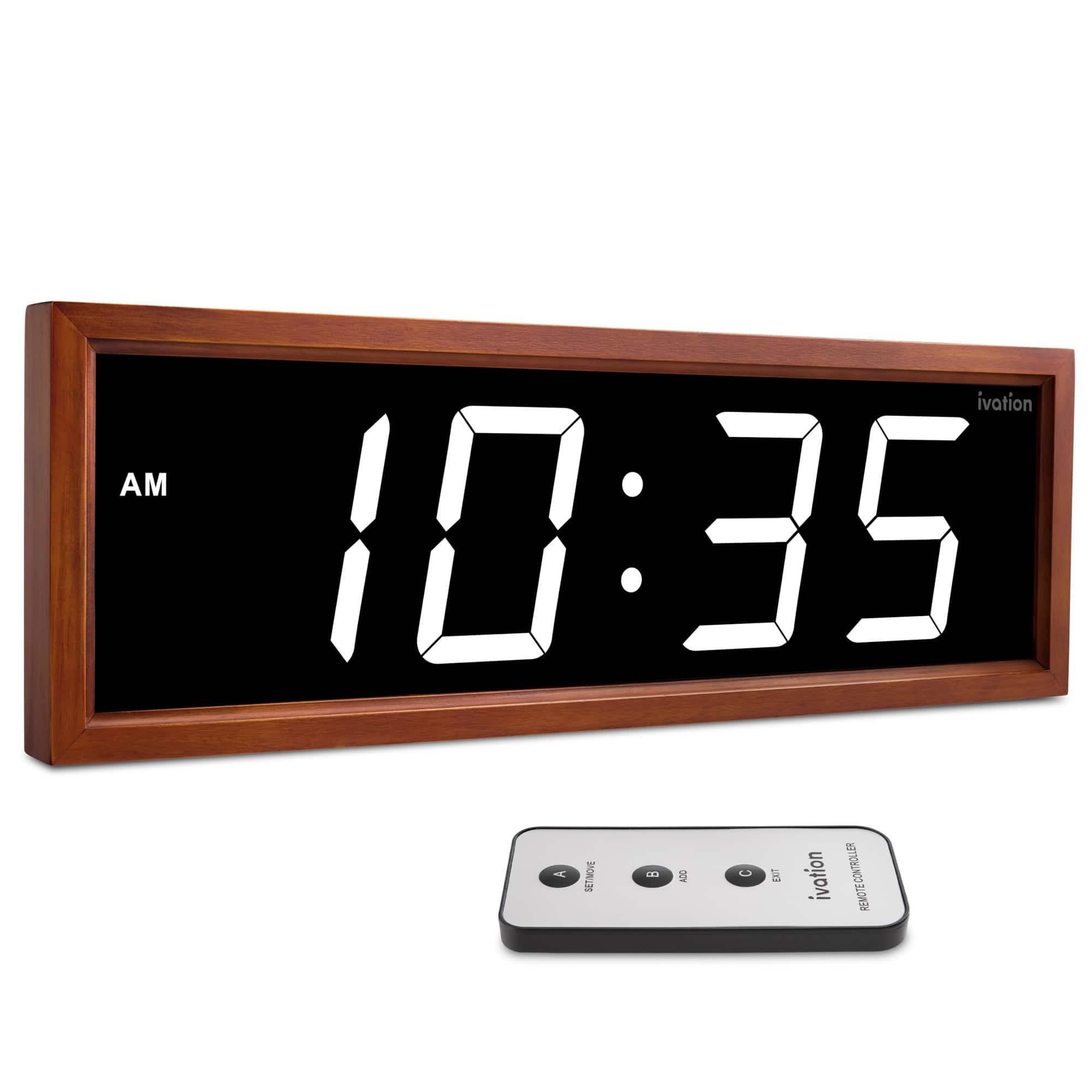 Ivation - 24" Digital Wall Clock – Brown Wood Frame - White