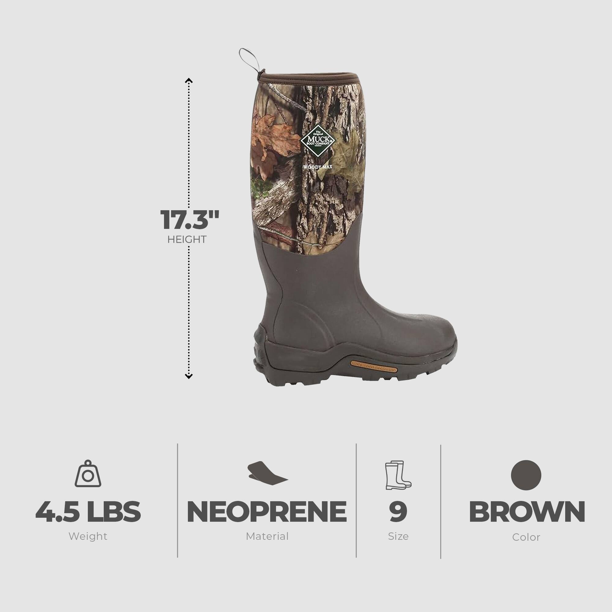 Muck Boot  
Height: 17.3"  
Weight: 4.5 lbs  
Material: Neoprene  
Size: 9  
Color: Brown