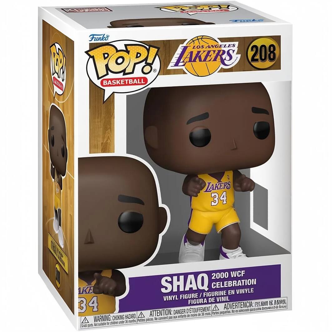 Sure, here is the corrected and grouped text from the image:

---

**Funko POP! BASKETBALL**

**LOS ANGELES LAKERS**

**208**

**SHAQ**

**2000 WCF CELEBRATION**

**VINYL FIGURE / FIGURINE EN VINYLE / FIGURA DE VINIL**

**WARNING: CHOKING HAZARD**  
Small parts. Not suitable for children under 36 months.

**ADVERTENCIA: PEQUEÑAS PIEZAS. NO ADECUADO PARA NIÑOS MENORES DE 3 AÑOS.**

**ATTENTION: DANGER. Petites pièces. Ne convient pas aux enfants de moins de 36 mois.**

---

This text is organized to reflect the information on the packaging.