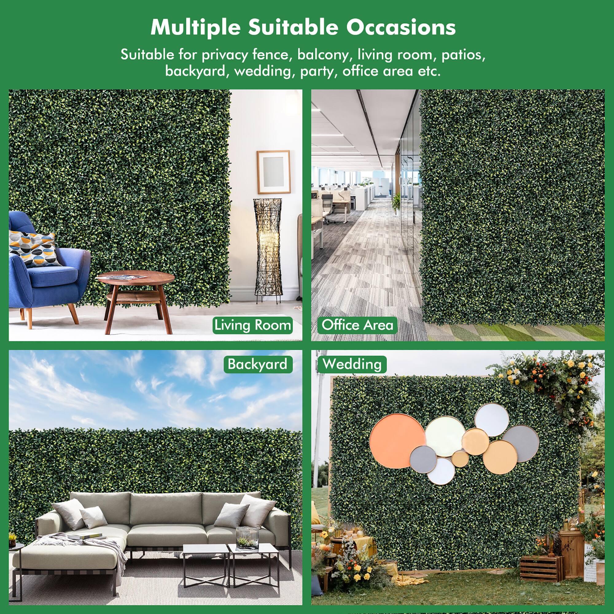 Multiple Suitable Occasions  
Suitable for privacy fence, balcony, living room, patios, backyard, wedding, party, office area etc.  

Living Room  
Office Area  
Backyard  
Wedding