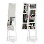 Front. Costway - LED Jewelry Cabinet Armoire with Bevel Edge Mirror Organizer Mirrored Standing White - White.