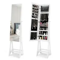 Costway - LED Jewelry Cabinet Armoire with  Bevel Edge Mirror Organizer Mirrored Standing - White - Front_Zoom