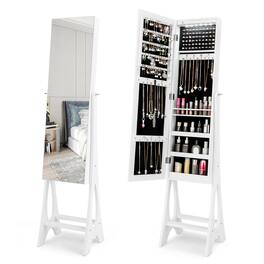 Costway - LED Jewelry Cabinet Armoire with Bevel Edge Mirror Organizer Mirrored Standing - White