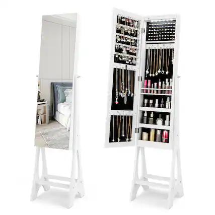 Front. Costway - LED Jewelry Cabinet Armoire with Bevel Edge Mirror Organizer Mirrored Standing White - White.