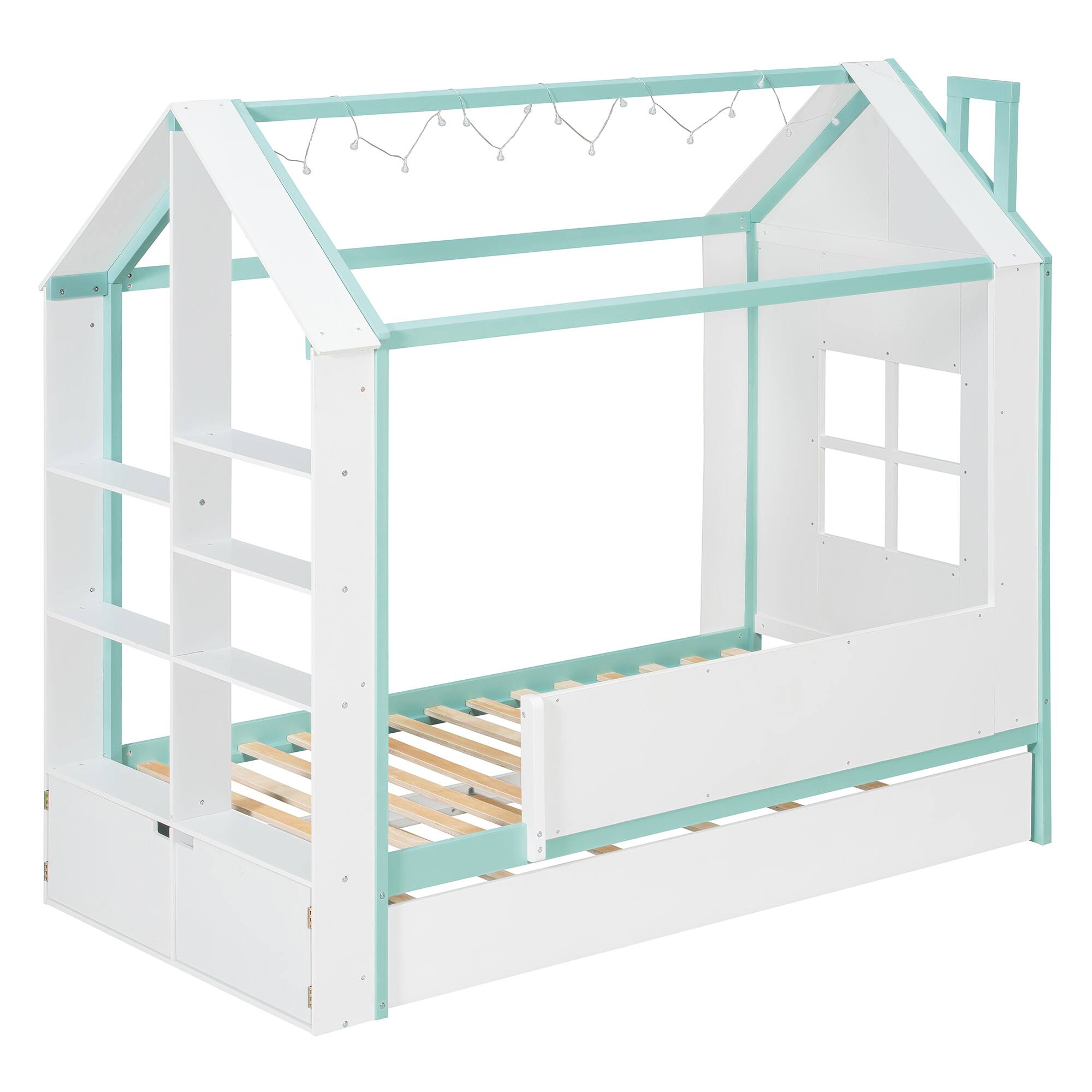 Back. Anysun - Twin Size House Bed Frame with Pull-Out Trundle, Tail End Storage Shelves and Cool White LED Lights - Blue.
