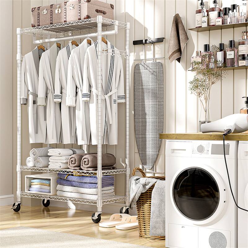 Alt View 1. ALEXOUN - 3 Tiers Heavy Duty Rolling Garment Rack -15.7" x 29.5" x 74.5",Adjustable Wire Shelving, Rack with Rods and Side Hooks - White.