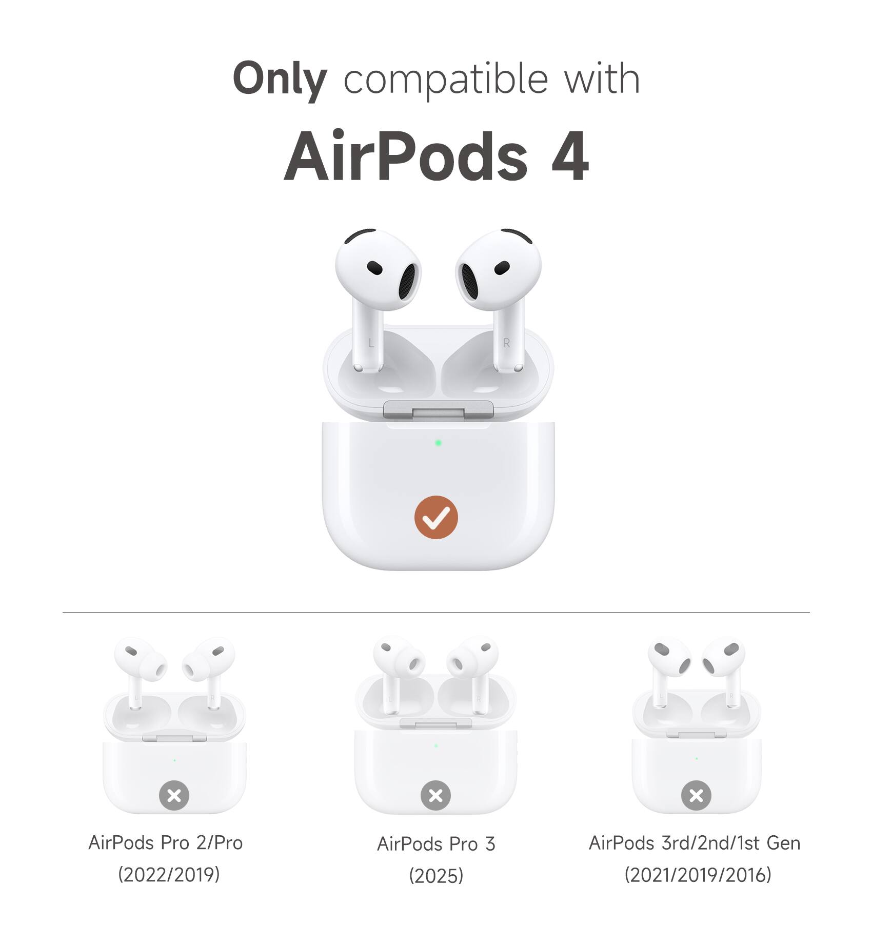 Only compatible with AirPods 4

AirPods Pro 2/Pro (2022/2019)

AirPods Pro 3 (2025)

AirPods 3rd/2nd/1st Gen (2021/2019/2016)