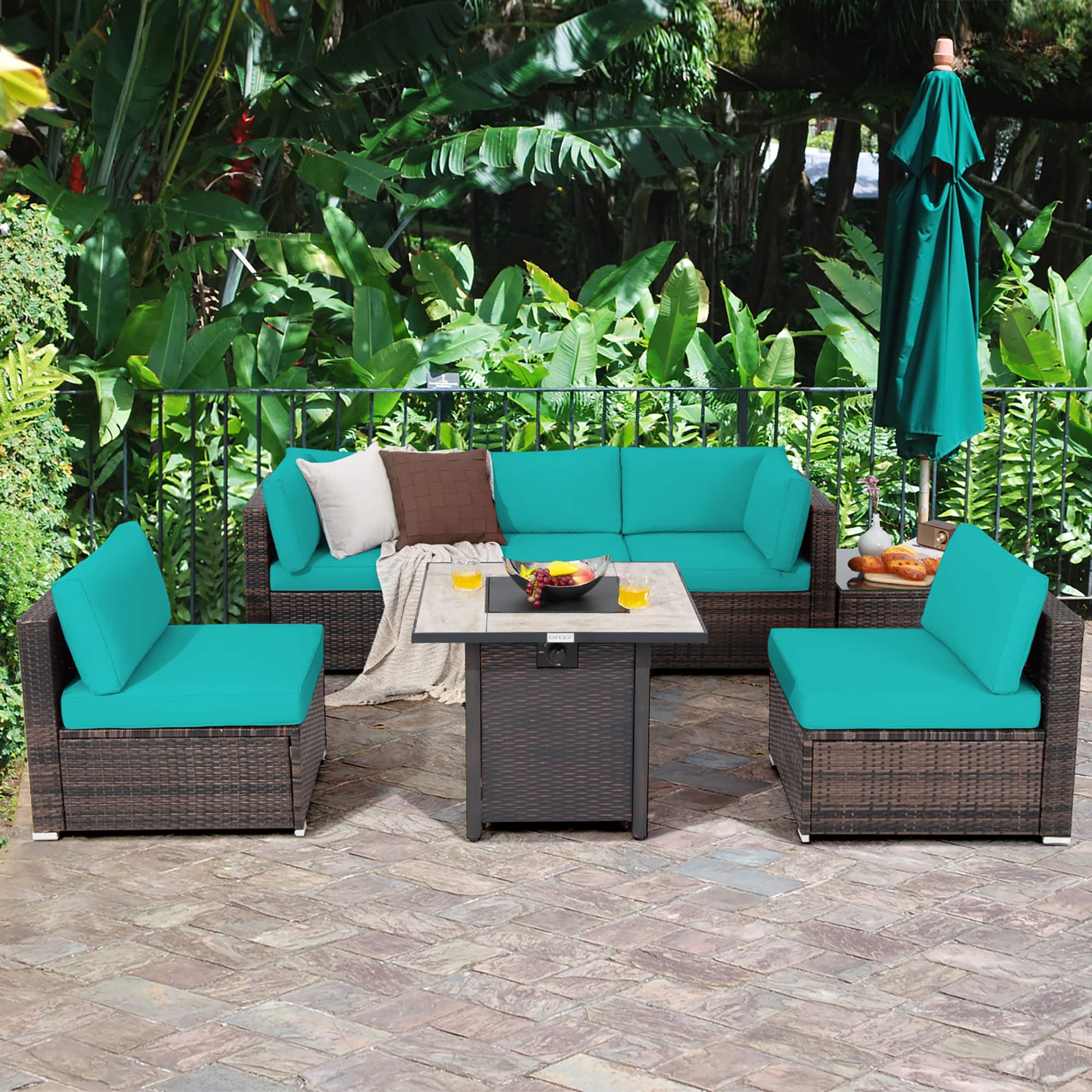 Costway - 7PCS Patio Rattan Furniture Set 30" Fire Pit Table Cover Cushion Sofa - Turquoise