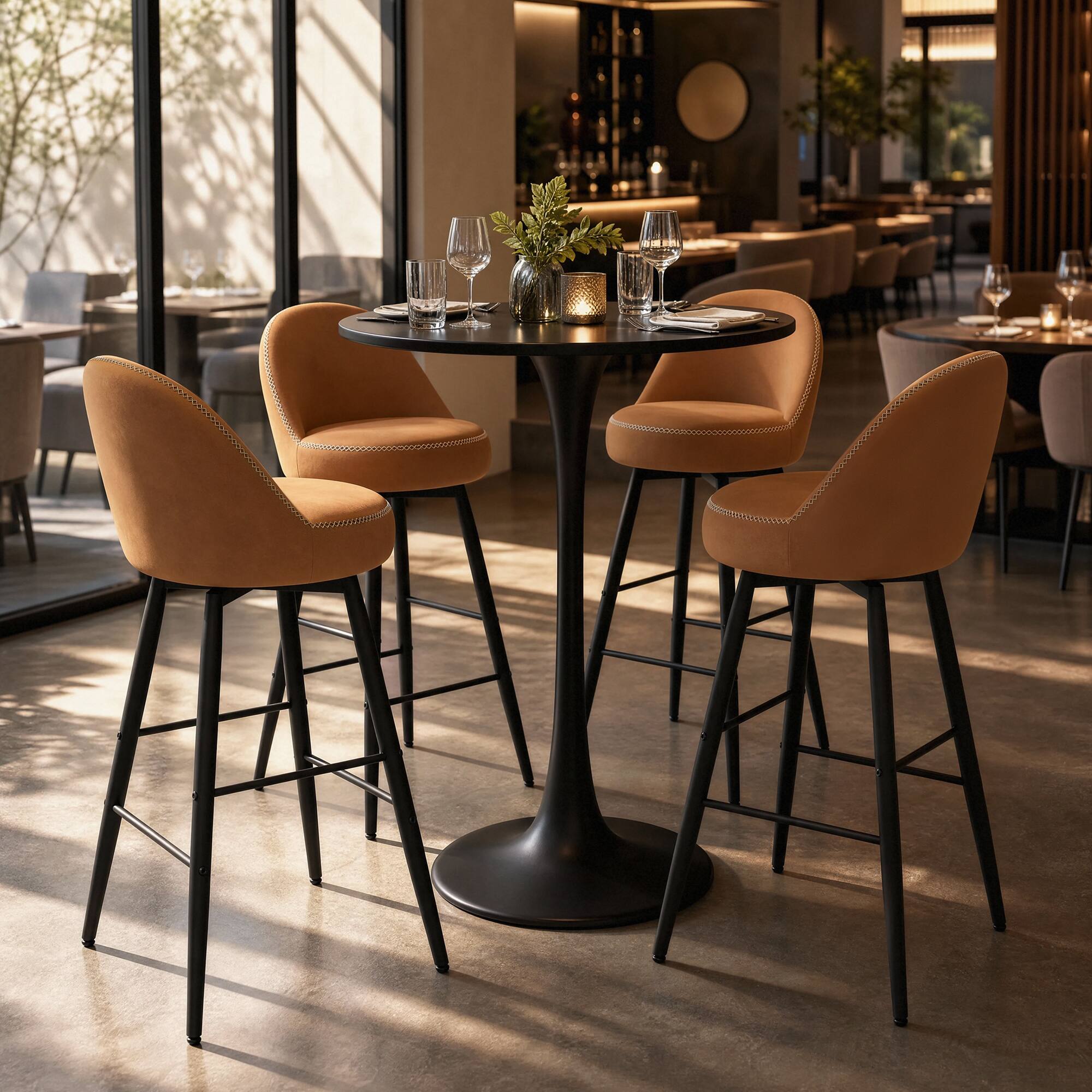 Left. ModernMate - Brenno 40.55"/36.6" Cognac Swivel Bar Stools with High Back and Metal Frame Counter Stools for Kitchen Island (Set of 2) - Cognac.