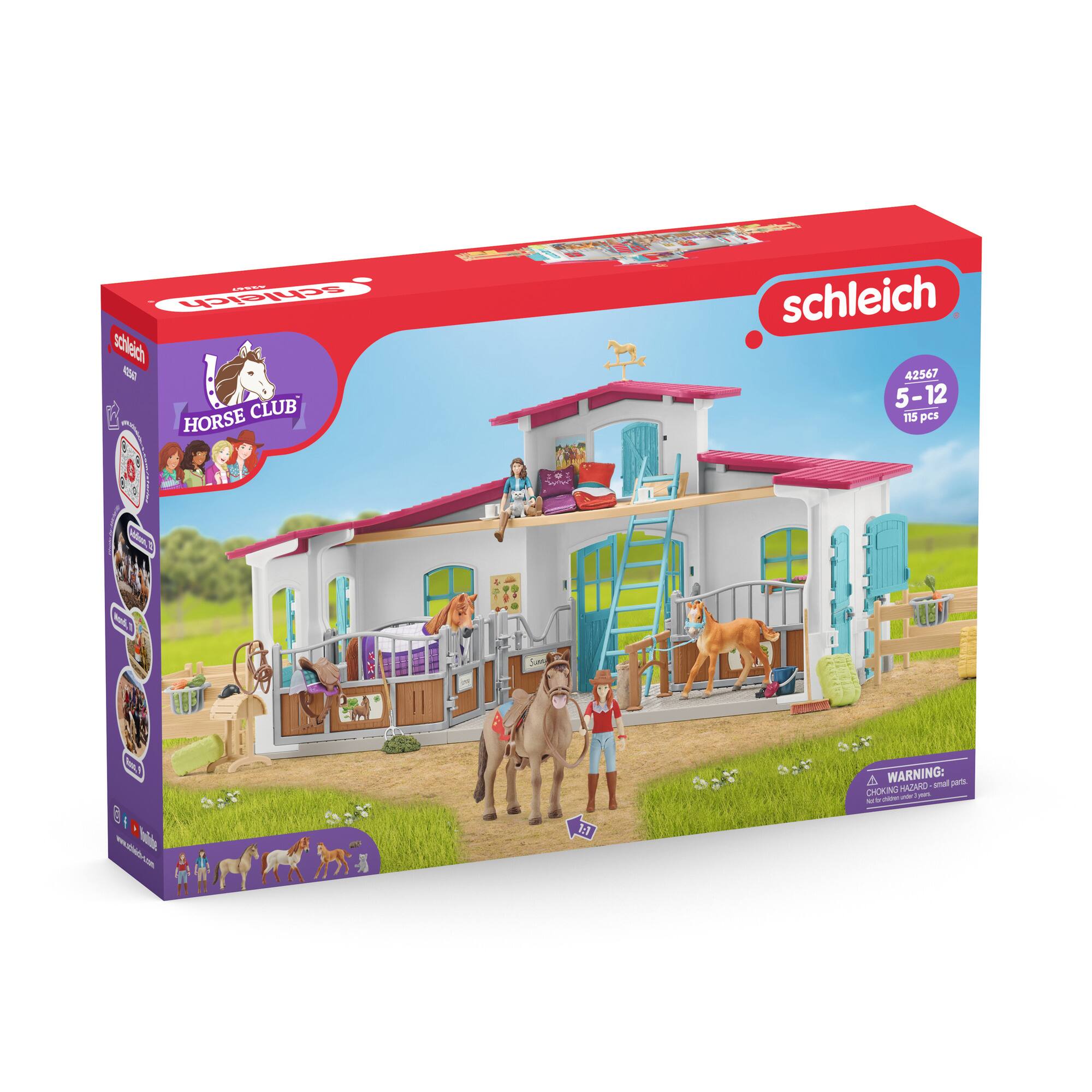 Schleich is a brand that produces toys, including a horse club playset. The playset comes in a box and contains 15 pieces. The toy is designed for children aged 5-12 years old. The playset is made of plastic and has a warning label indicating that it may pose a choking hazard.