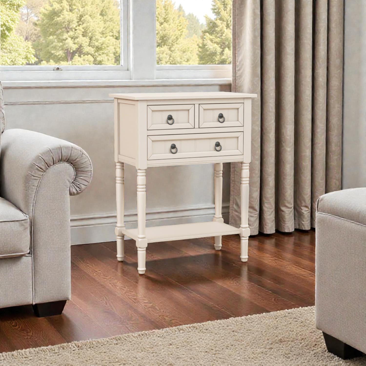 Hivvago - Compact Entry Console with Multiple Drawers and Open Storage Shelf - Beige