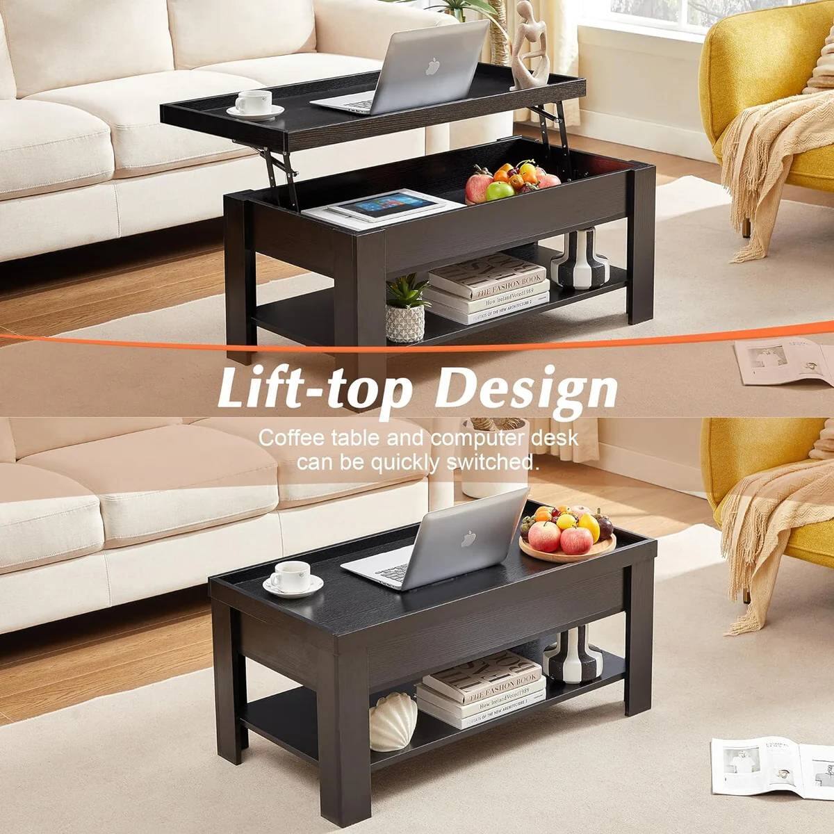 Lift-top Design  
Coffee table and computer desk can be quickly switched.