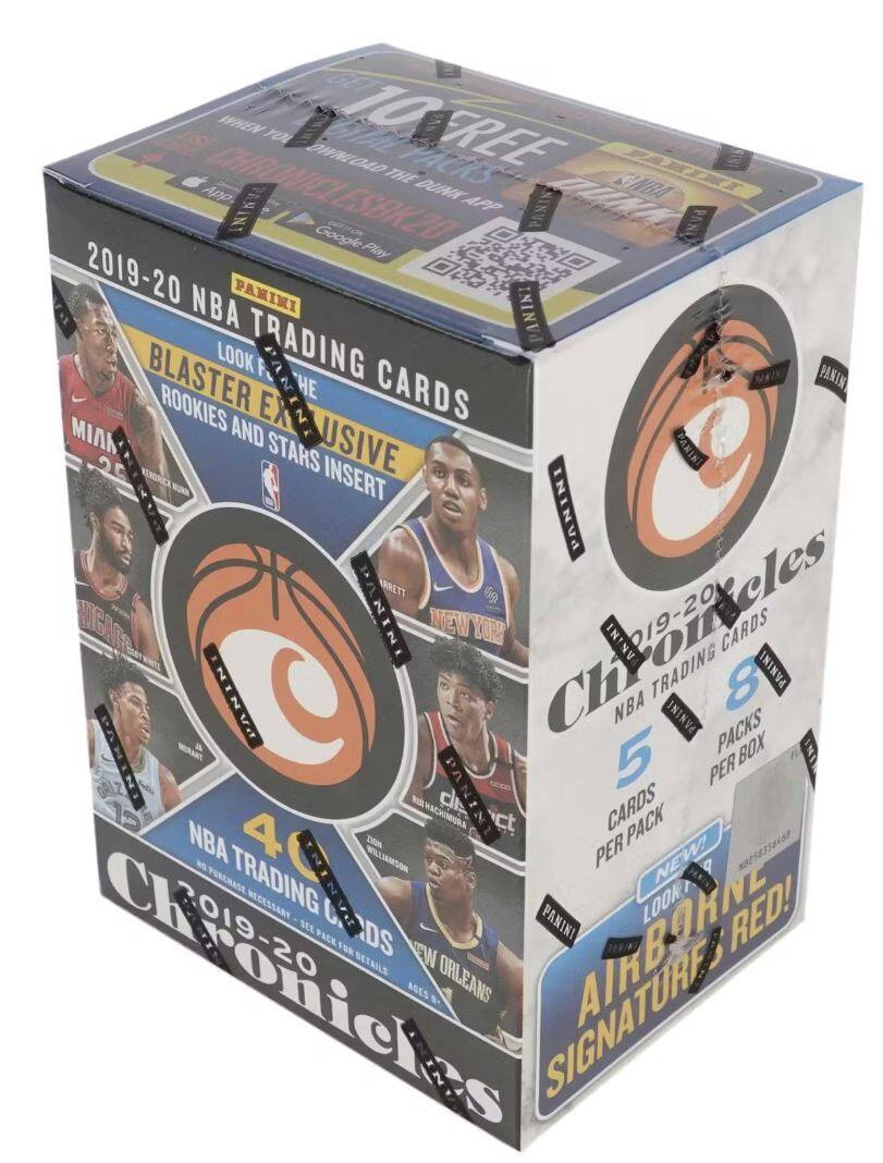 Sure, here is the corrected and grouped text from the image:

---

**2019-20 NBA Trading Cards**

**Chronicles**

**Panini**

**Look for the Exclusive Rookie Cards and Stars Insert**

**40 Cards per Pack**

**5 Packs per Box**

**Look for the Airborne Signature Cards!**

**When you download the Panini Chronicles App, you get 10 free cards!**

**Google Play**

**App Store**

**Panini**

**2019-20 NBA Trading Cards**

**Chronicles**

**5 Packs per Box**

**40 Cards per Pack**

**Look for the Airborne Signature Cards!**

**Panini**

**2019-20 NBA Trading Cards**

**Chronicles**

**5 Packs per Box**

**40 Cards per Pack**

**Look for the Airborne Signature Cards!**

**Panini**

**2019-20 NBA Trading Cards**

**Chronicles**

**5 Packs per Box**

**40 Cards per Pack**

**Look for the Airborne Signature Cards!**

**Panini**

**2019-20 NBA Trading Cards**

**Chronicles**

**5 Packs per Box**

**40 Cards per Pack