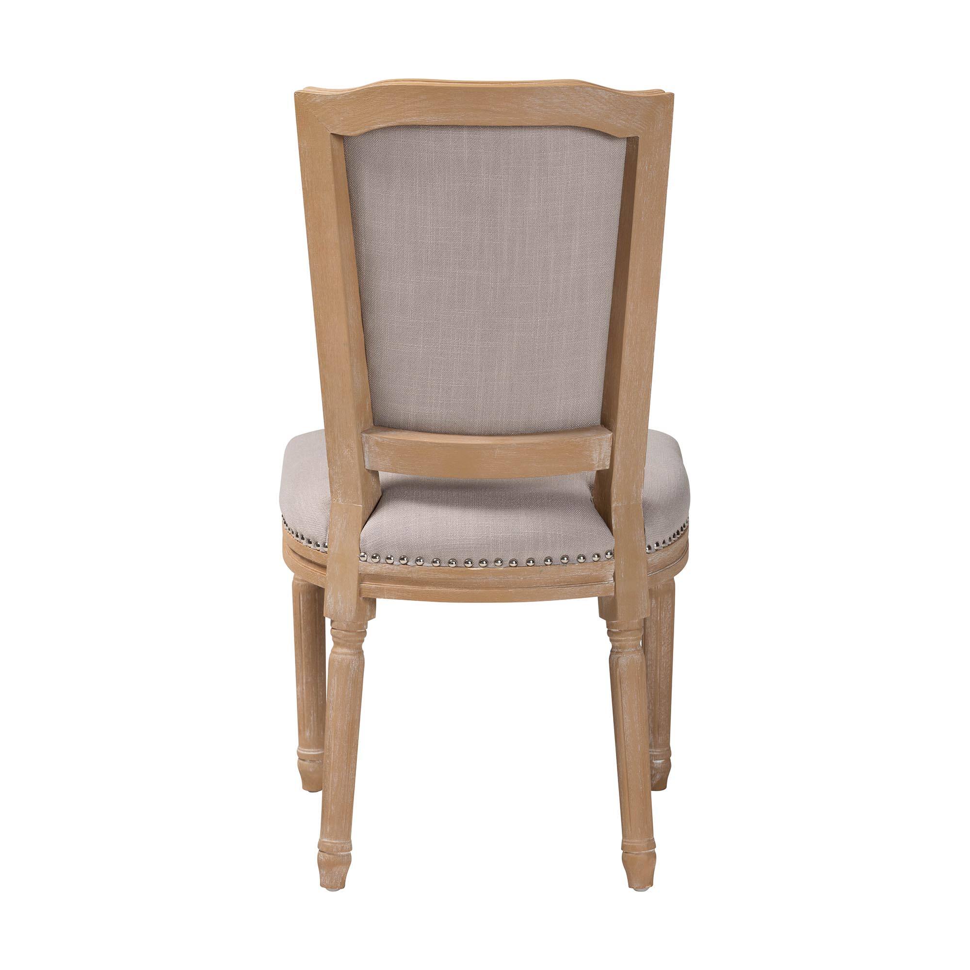 Back. Baxton Studio - Estelle French Country Cottage Weathered Oak Fabric Button-tufted Upholstered Dining Chair - Beige.