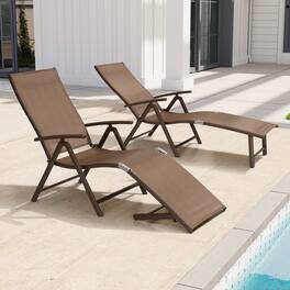 Crestlive Products - Outdoor Aluminum Folding Recliner Adjustable Chaise Lounge (Set of 2) - Brown