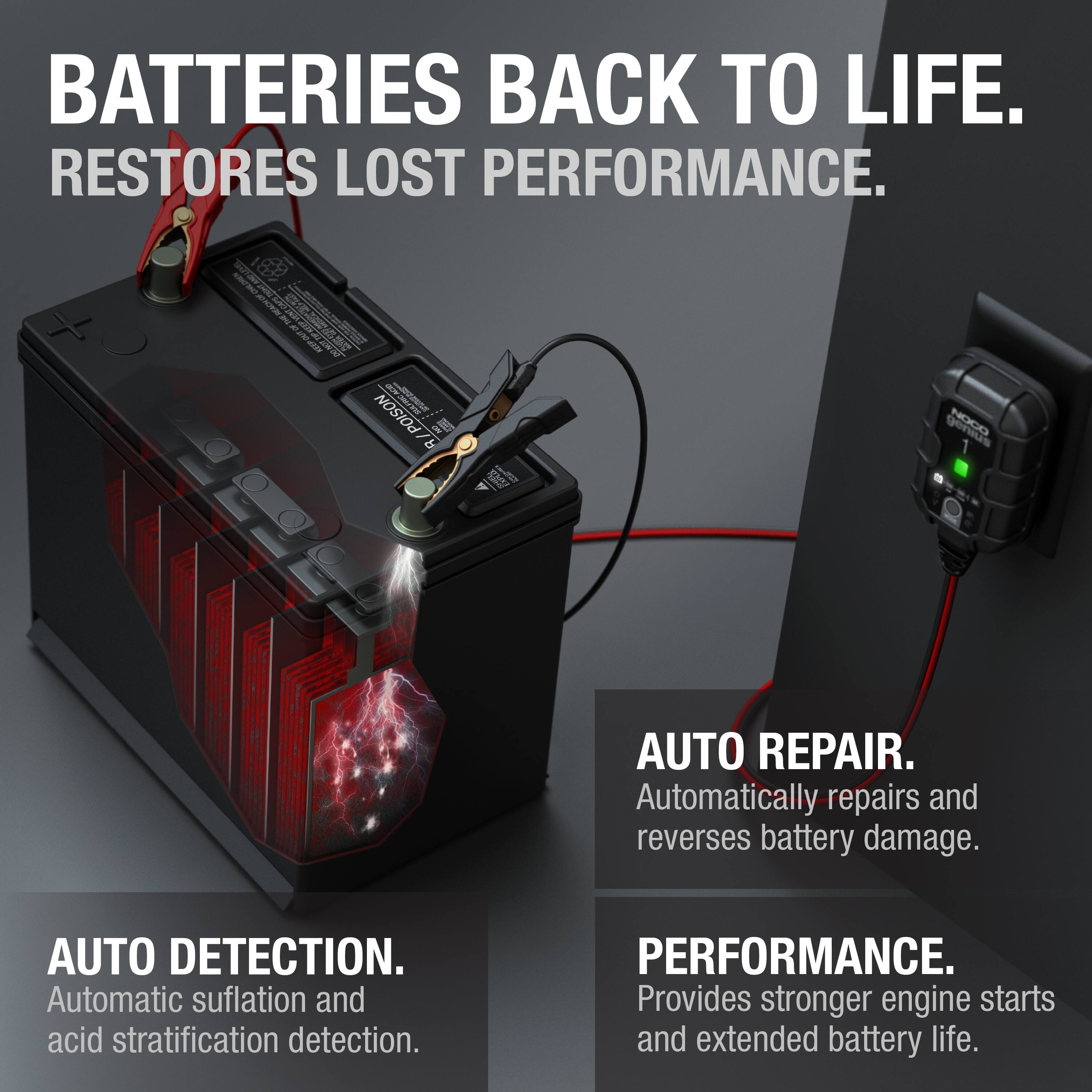BATTERIES BACK TO LIFE.  
RESTORES LOST PERFORMANCE.

AUTO DETECTION.  
Automatic sulfation and acid stratification detection.

AUTO REPAIR.  
Automatically repairs and reverses battery damage.

PERFORMANCE.  
Provides stronger engine starts and extended battery life.