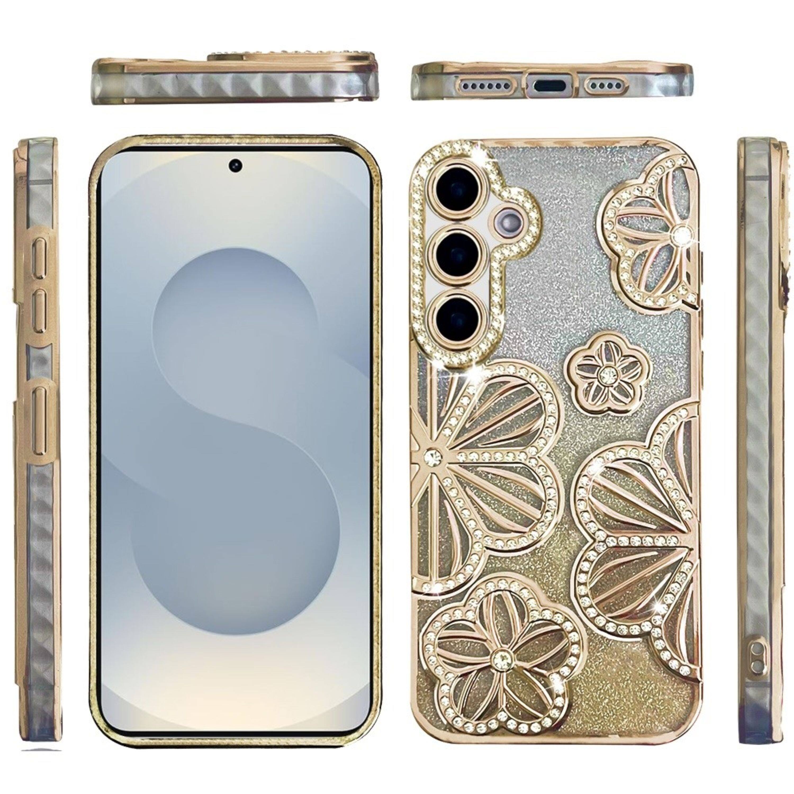 Left. Kitcheniva - 3D Floral Glitter Bling Case With Tempered Glass For Samsung S26 Ultra Gold - Gold.