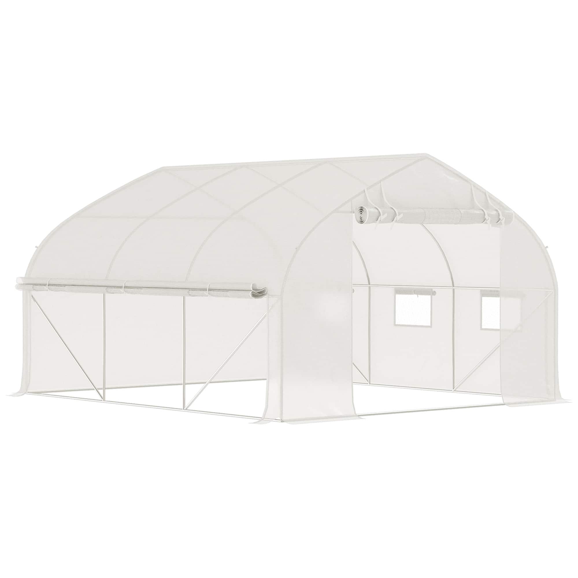 Outsunny - 11.5' x 10' x 6.5' Walk-in Tunnel Greenhouse, Green House with Zippered Mesh Door, 7 Mesh Windows & Roll-up Sidewalls - White