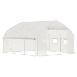 Outsunny - 11.5' x 10' x 6.5' Walk-in Tunnel Greenhouse, Green House with Zippered Mesh Door, 7 Mesh Windows & Roll-up Sidewalls - White