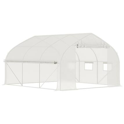 Front. Outsunny - 11.5' x 10' x 6.5' Walk-in Tunnel Greenhouse, Green House with Zippered Mesh Door, 7 Mesh Windows & Roll-up Sidewalls - White.