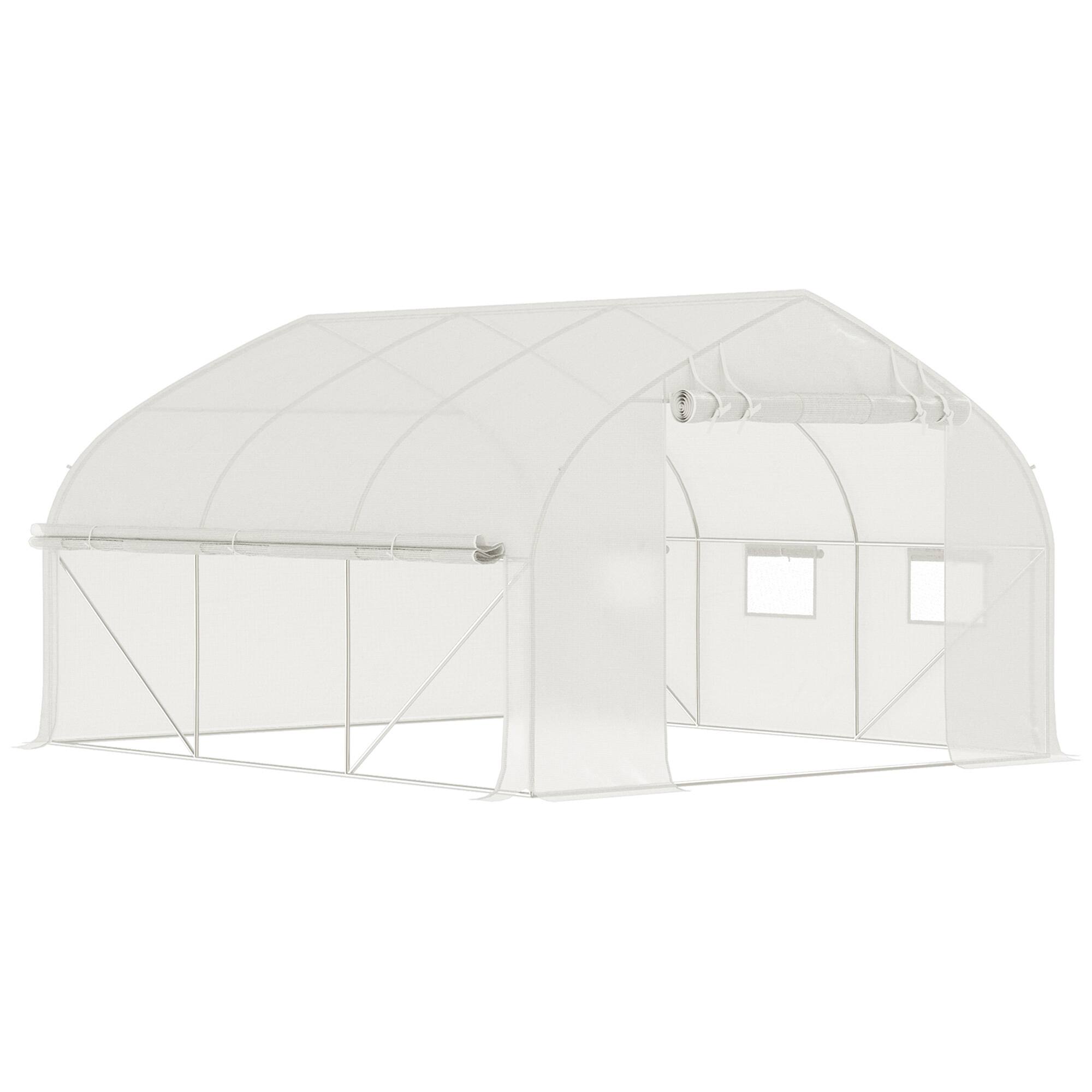 Front. Outsunny - 11.5' x 10' x 6.5' Walk-in Tunnel Greenhouse, Green House with Zippered Mesh Door, 7 Mesh Windows & Roll-up Sidewalls - White.