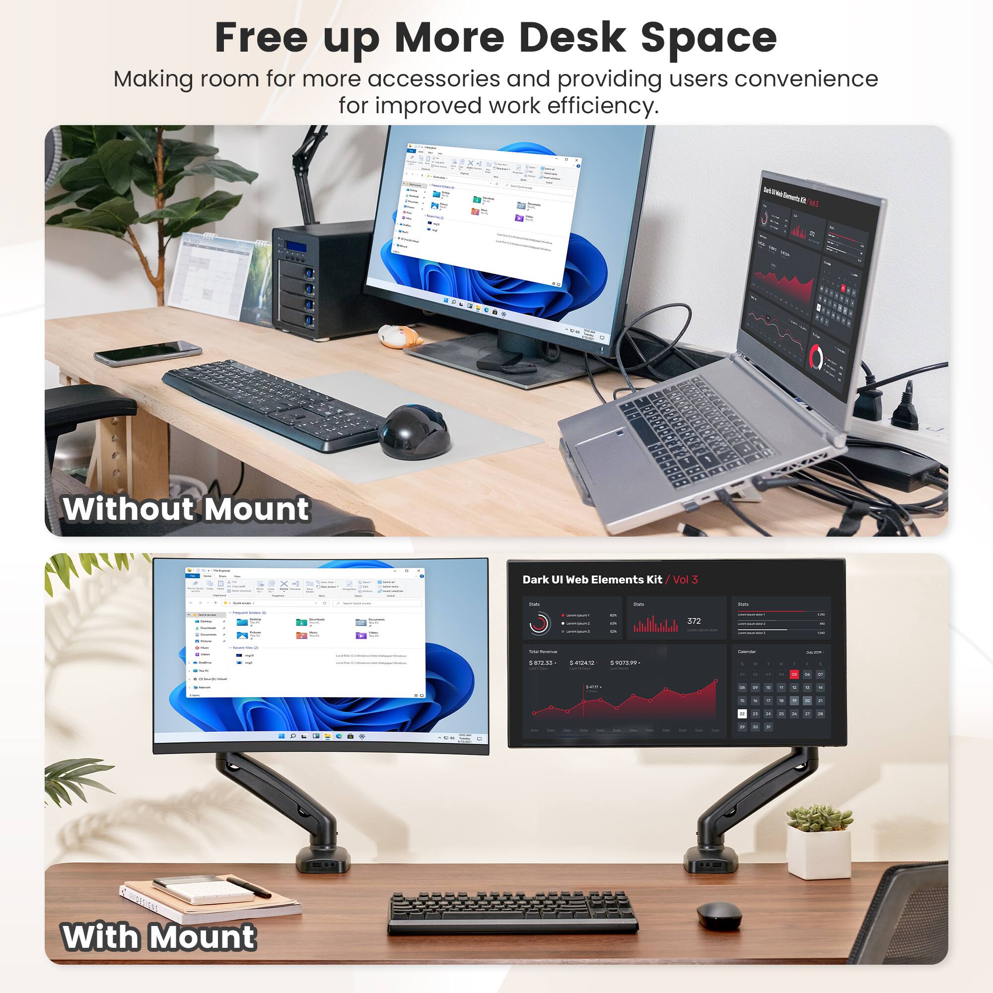 The text on the image is grouped and corrected as follows:
"Free up more desk space: Making room for more accessories and providing users convenience for improved work efficiency."
"Without Mount - Dark UI Web Elements Kit Vol3: 3.12."
"With Mount: 3.12."