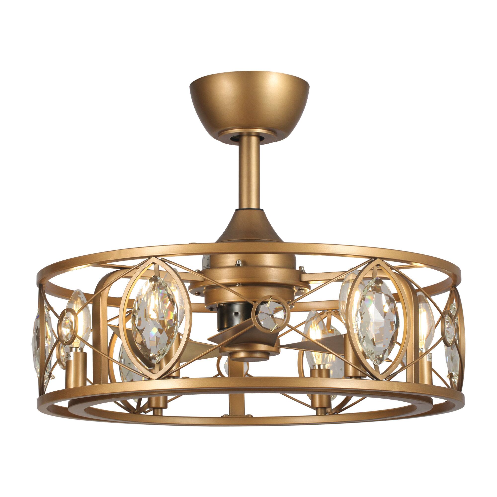 Alt View 1. Parrot Uncle - 22" Antique Brass Crystal Caged Ceiling Fan Chandelier with Remote and Light Kit - Brass.