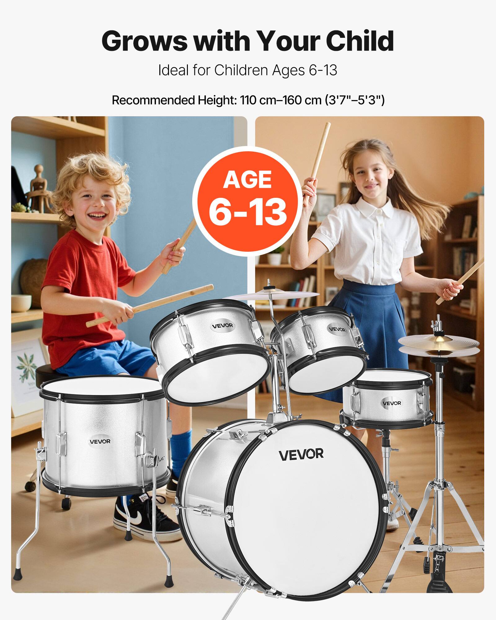 Grows with Your Child  
Ideal for Children Ages 6-13  
Recommended Height: 110 cm-160 cm (3'7"-5'3")  

AGE 6-13  

VEVOR