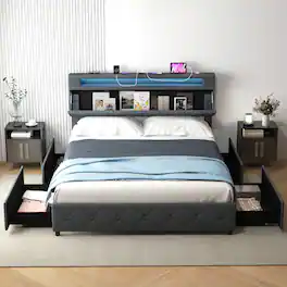 LUCKY ONE - Queen Assembled Platform Bed Frame with Adjustable Storage Headboard USB Wooden Slats - Grey-Queen