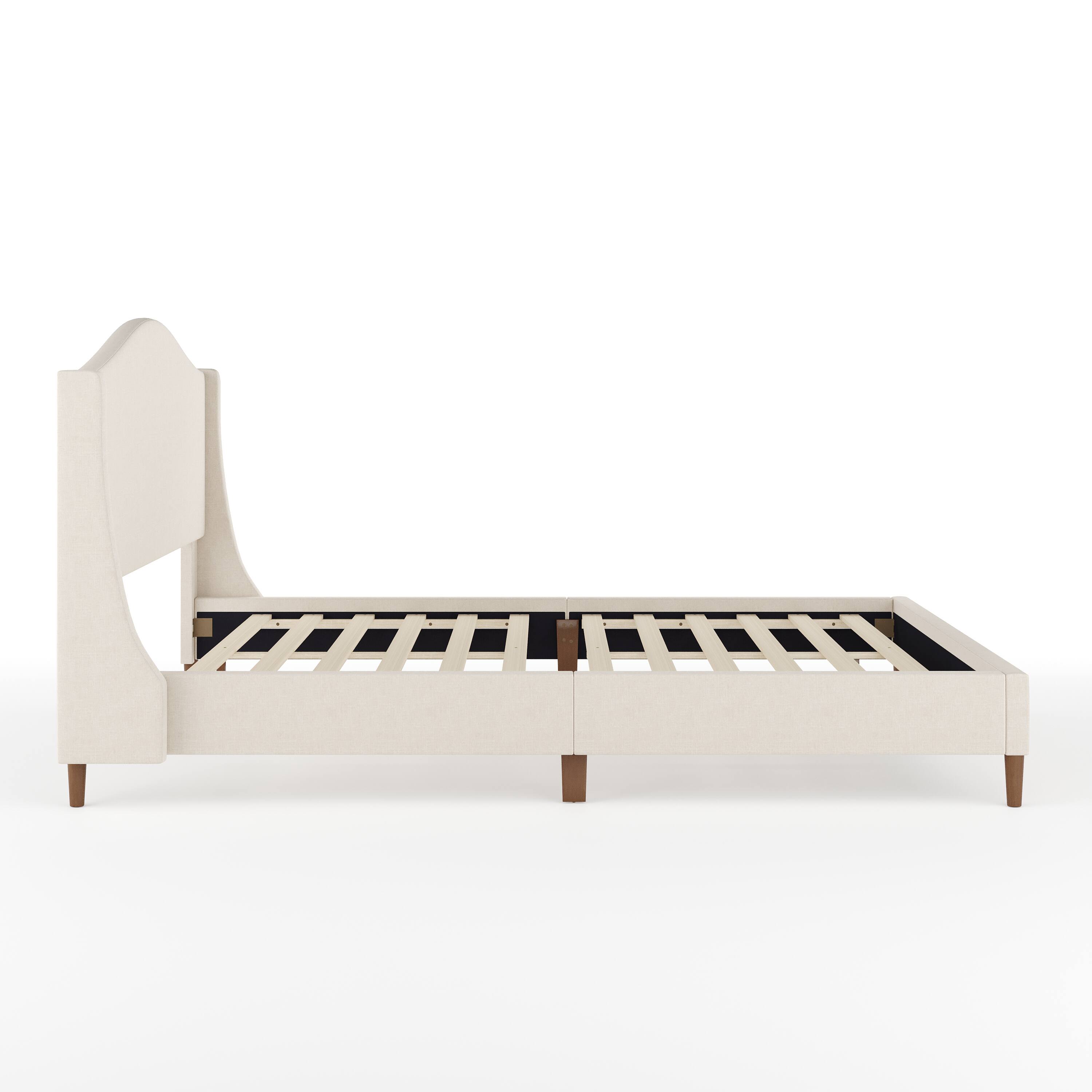 Alt View 17. Martha Stewart - Amelia Faux Linen Upholstered Queen Size Platform Bed with Curved Headboard - Beige Fabric/Walnut Legs.