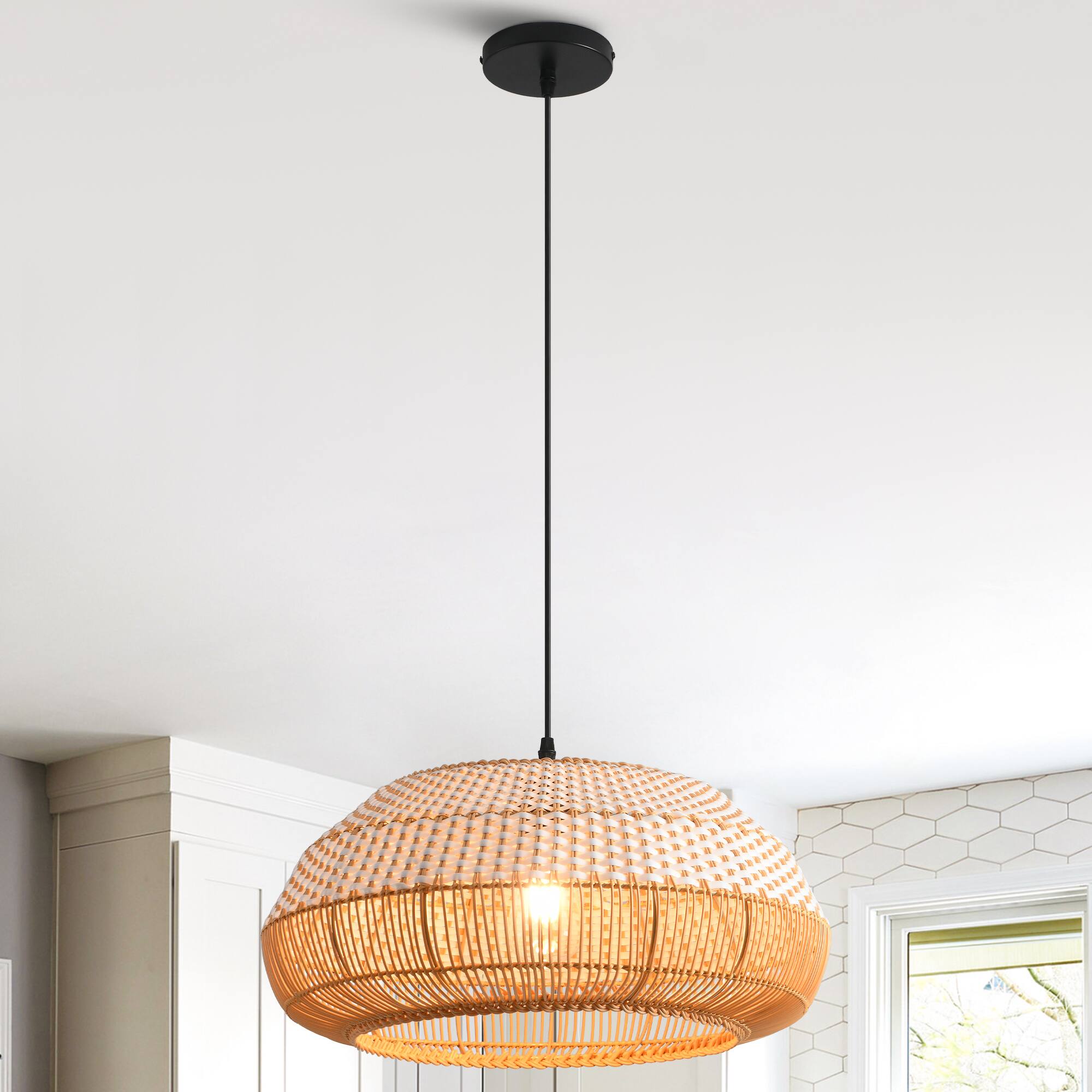Alt View 1. Parrot Uncle - 1-Light Coastal Retro Brown Rattan Hand-Woven Cloche Hanging Cage Pendant Light - Brown.