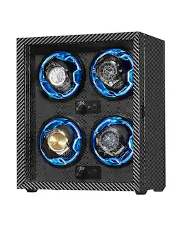 Unique Bargains - 4 Watch Winder for Automatic Watches, Wooden Rotating Watch Case with LED Light, 4 Rotation Modes, USB Powered - Black Carbon Fiber