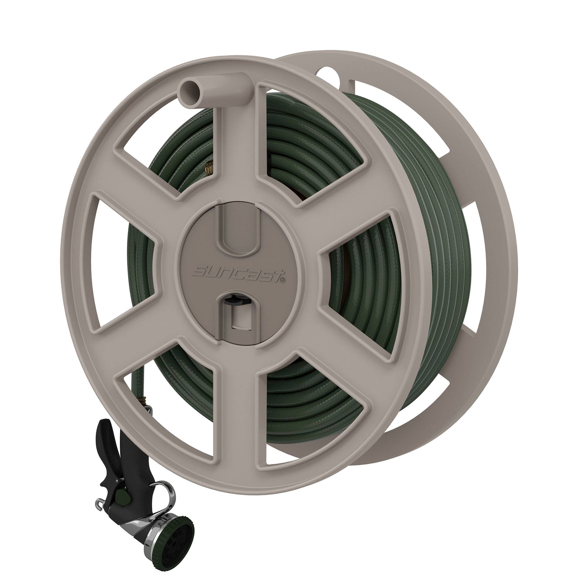 Front. Suncast - Suncast Sidewinder 100 Foot Wall Mount Garden Yard Outdoor Hose Reel, Taupe.