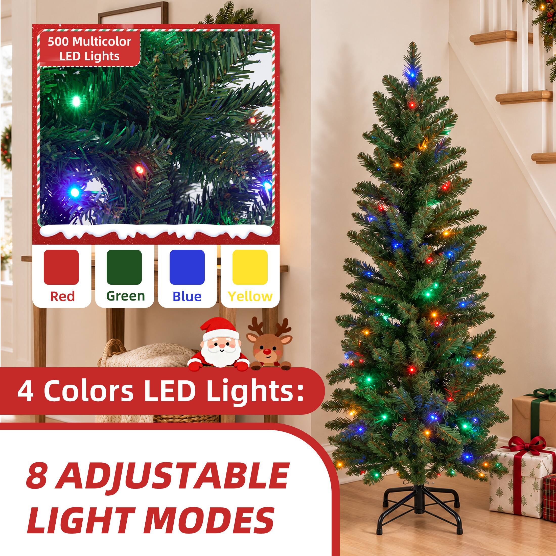 500 Multicolor LED Lights

Red
Green
Blue
Yellow

4 Colors LED Lights:
8 Adjustable Light Modes