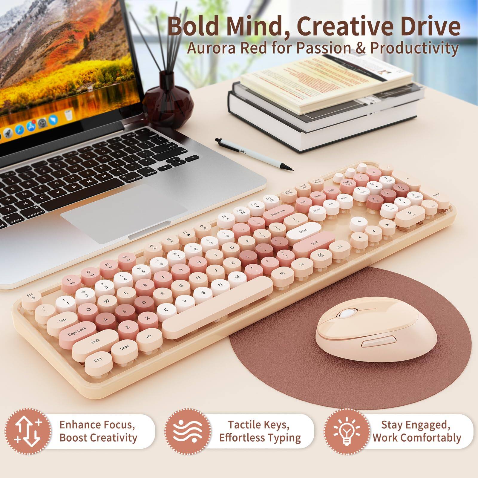 Bold Mind, Creative Drive  
Aurora Red for Passion & Productivity  

Enhance Focus, Boost Creativity  
Tactile Keys, Effortless Typing  
Stay Engaged, Work Comfortably
