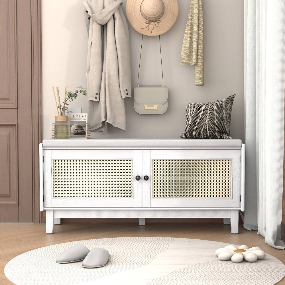 Front. Ropilly - Ropilly Boho Rattan Entryway Bench with Storage, Cushioned Wooden Shoe Organizer with Double Doors, White and Beige - White and Beige.