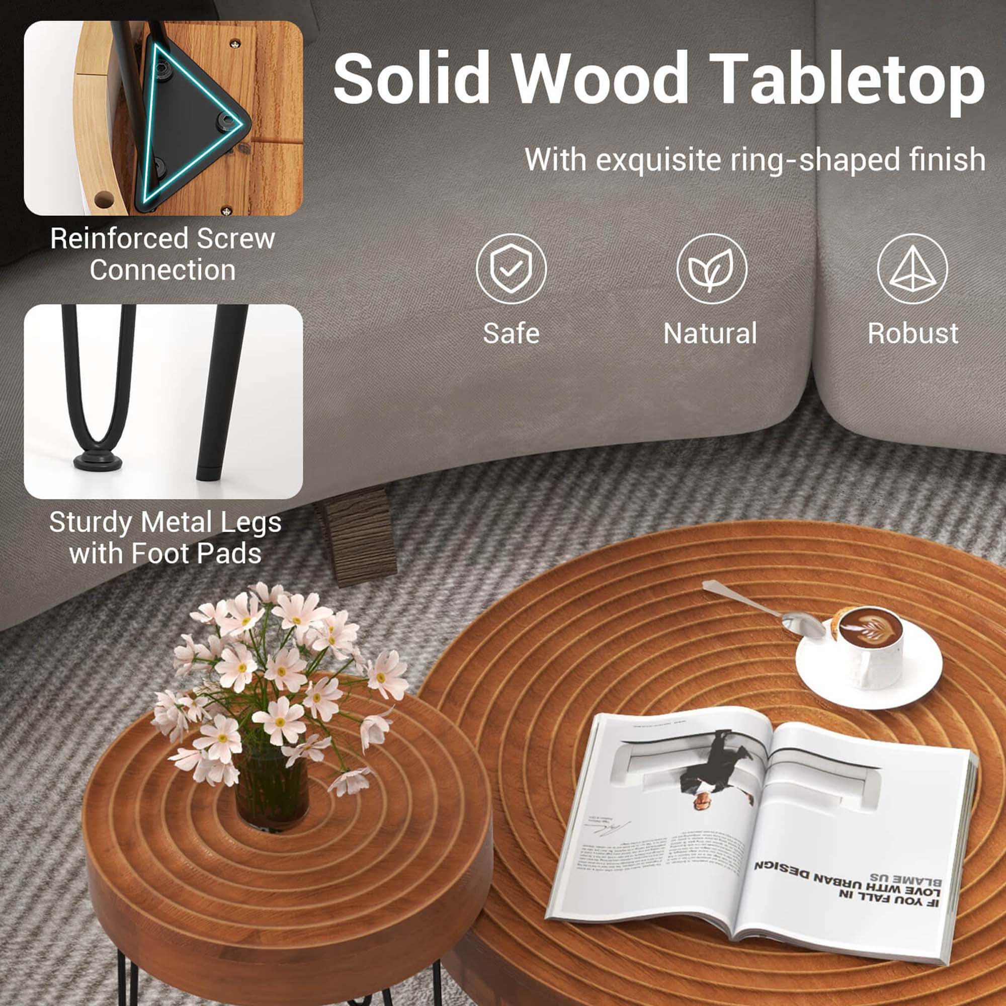 Solid Wood Tabletop with exquisite ring-shaped finish Reinforced Screw Connection Safe Natural Robust Sturdy Metal Legs with Foot Pads Design US Blame Urban with Ni Fall Love You If.
