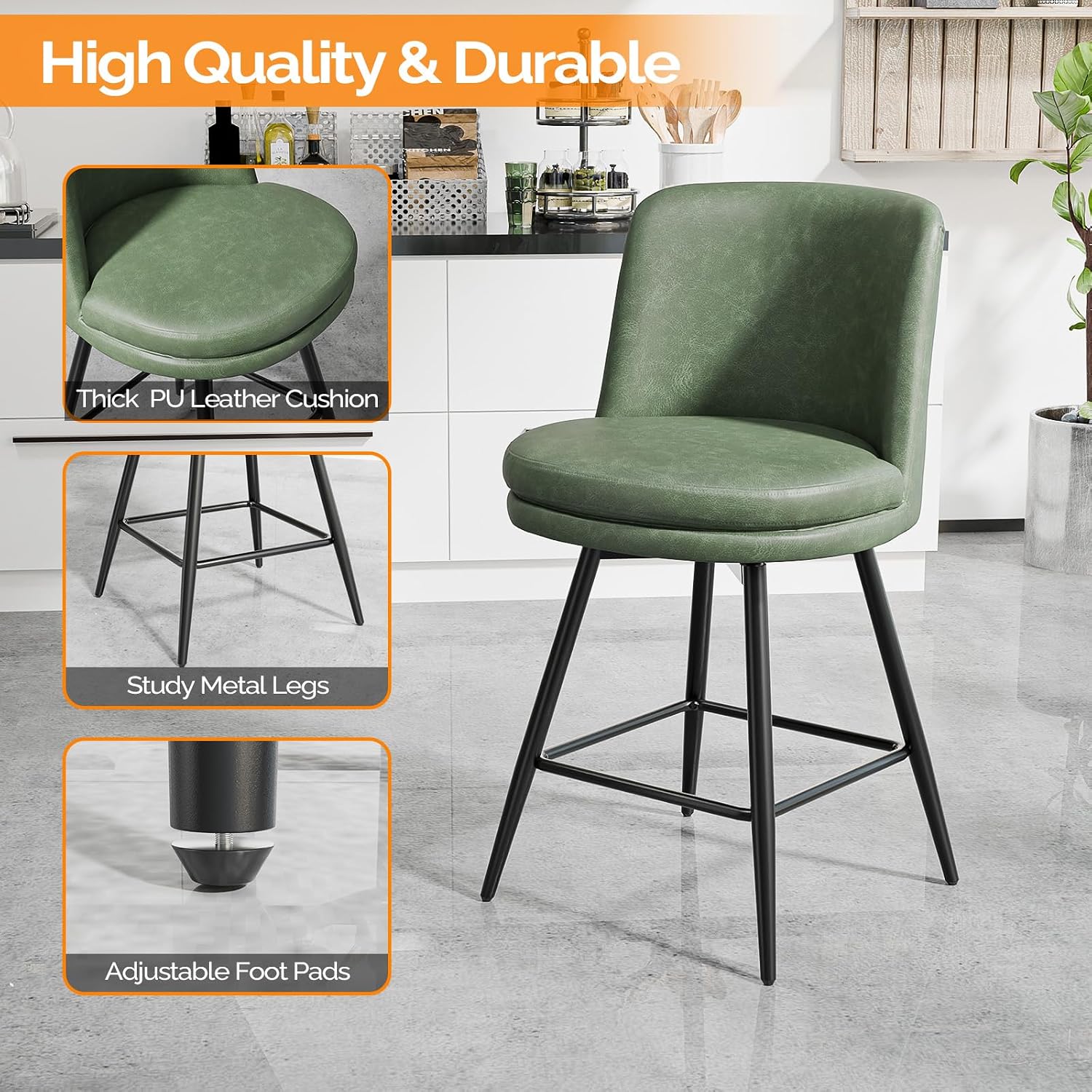 High Quality & Durable  
Thick PU Leather Cushion  
Study Metal Legs  
Adjustable Foot Pads