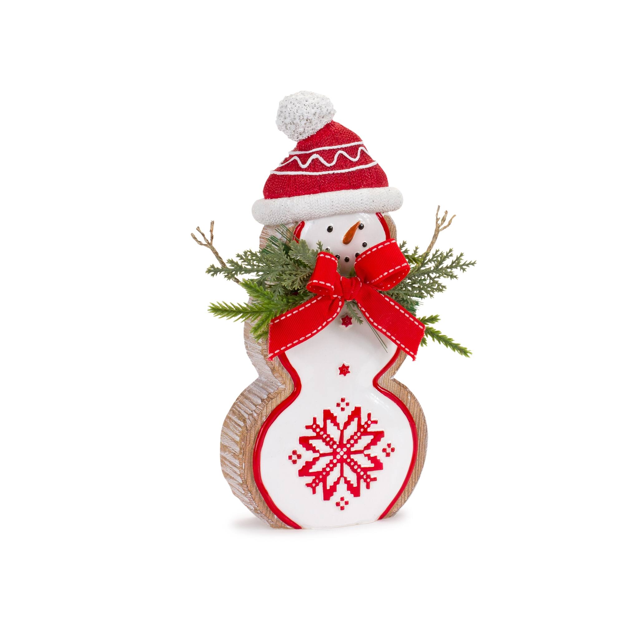 Angle. BreeBe - Nordic Snowflake Snowman Figurine with Pine Bow Accent (Set of 2) - White, Red, Green.