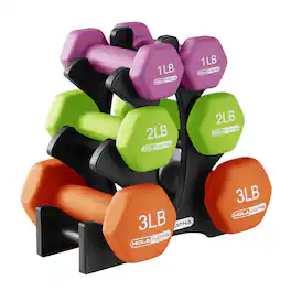 HolaHatha - 1, 2 and 3 lb Neoprene Dumbbell Strength Training Weight Set with Rack - Multicolor