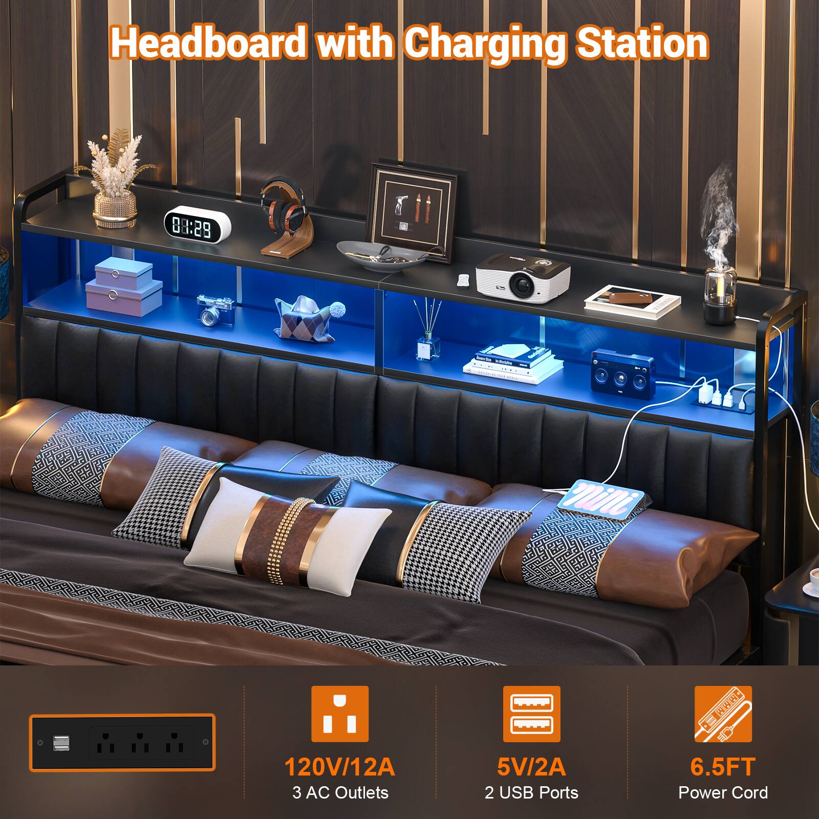 Headboard with Charging Station

- 120V/12A
- 3 AC Outlets
- 5V/2A
- 2 USB Ports
- 6.5FT Power Cord