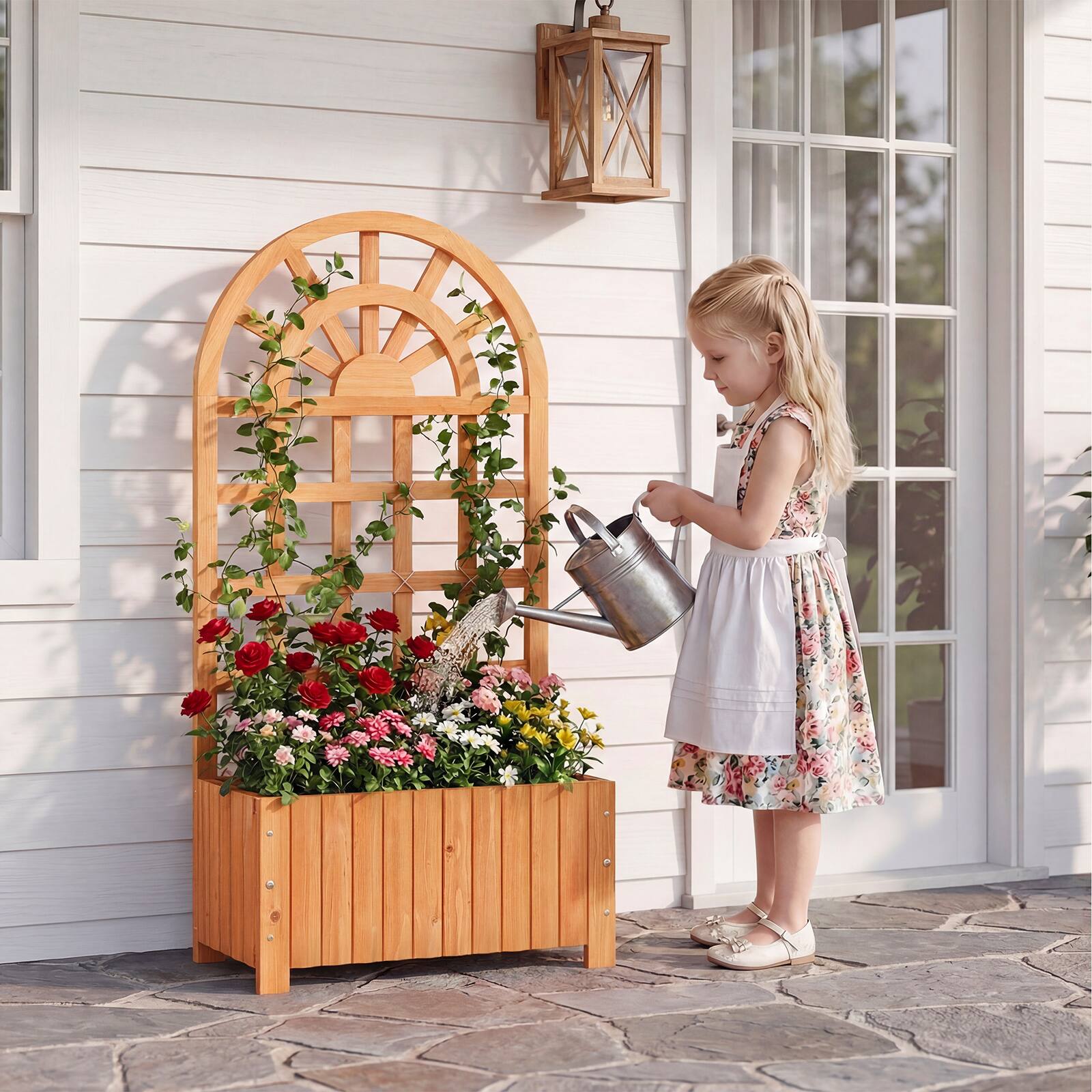 Alt View 1. Costway - Costway 48" Wooden Raised Garden Bed with Trellis, Drainage Holes for Flowers Vegetables - Brown.