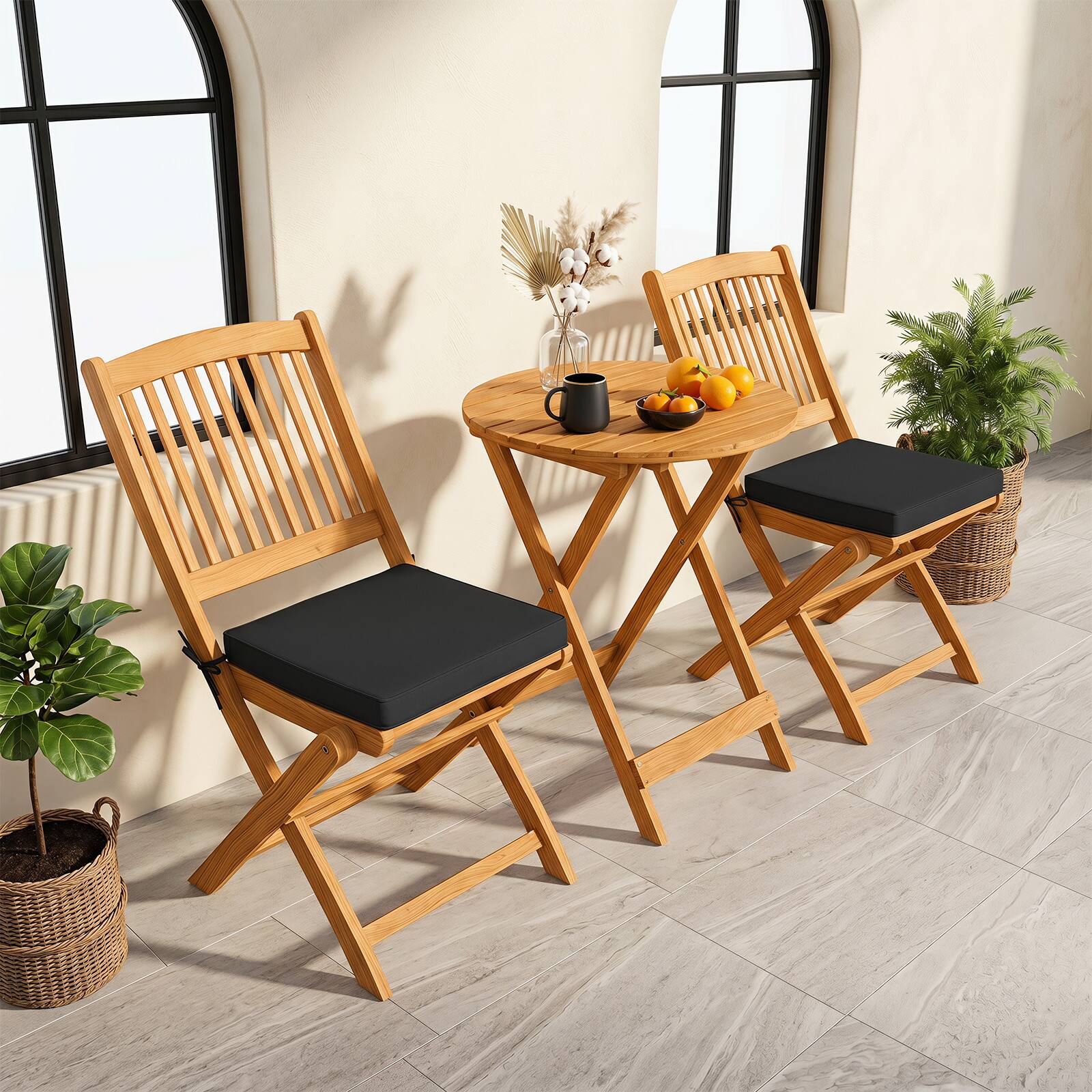 Alt View 3. Costway - Costway 3 Pieces Acacia Wood Patio Folding Bistro Set with Soft Cushions for Porch, Balcony - Natural+Black.
