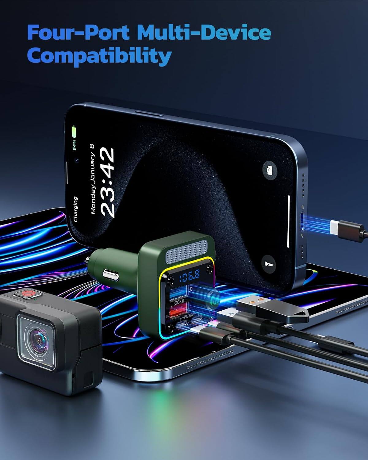 Four-Port Multi-Device Compatibility

94% Charging

8 Monday, January

23:42

106.8

QC3.0 PD36W