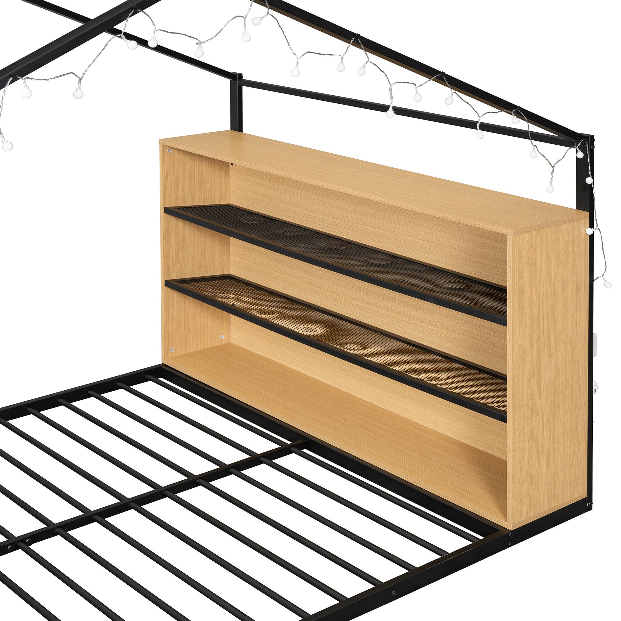 Alt View 7. GOODSILO - Full Size Metal House Bed Frame with Shelves and Lights - Black.