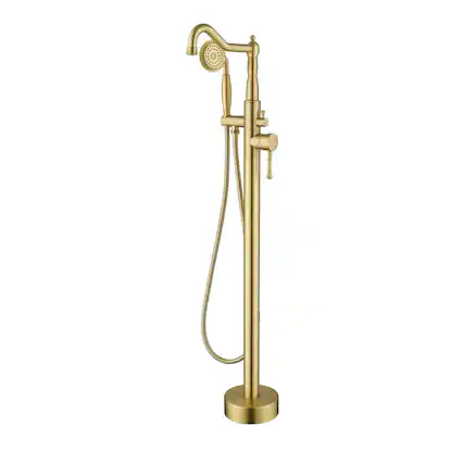 Front. Boyel Living - Brushed Gold Freestanding Tub Faucet Solid Brass 4.3GPM Spout 1.8GPM Handheld 360° Swivel cUPC - Brushed Gold.