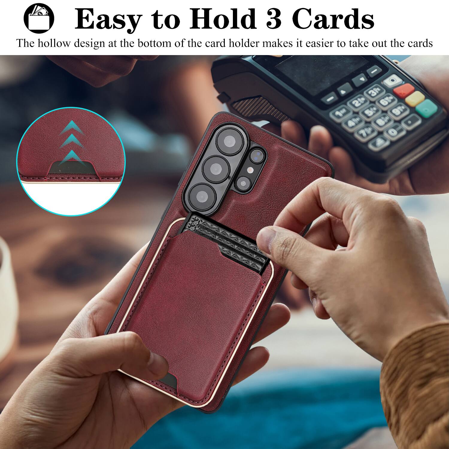 Easy to Hold 3 Cards

The hollow design at the bottom of the card holder makes it easier to take out the cards