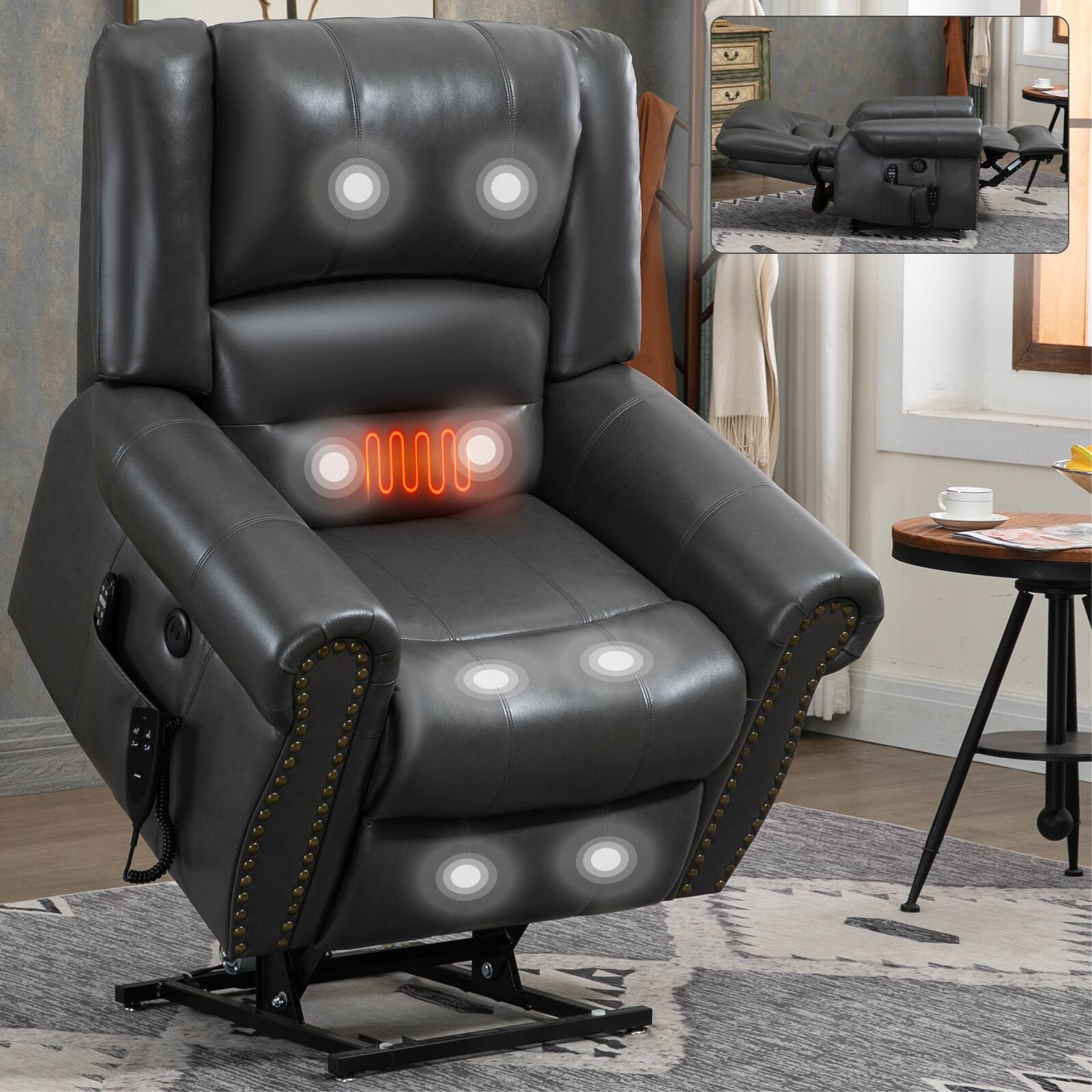 Angle. LUCKY ONE - Faux Leather Dual Motor Power Lift Recliner Chair with Massage and Heat, USB, Side Pocket, Infinite Position - Grey.